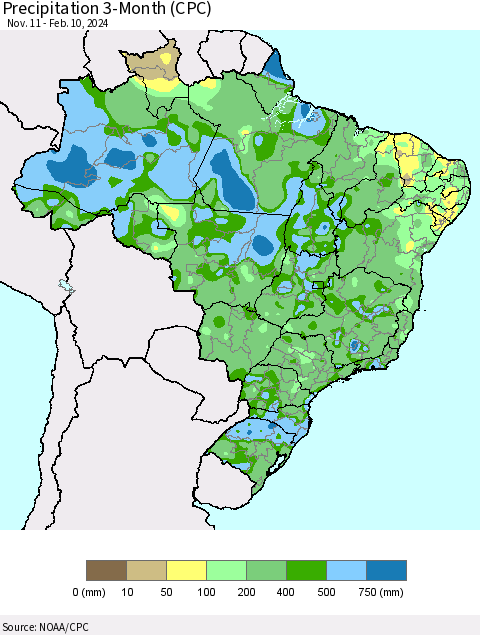 Brazil Precipitation 3-Month (CPC) Thematic Map For 11/11/2023 - 2/10/2024