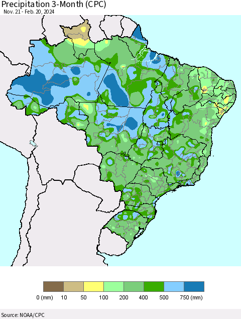 Brazil Precipitation 3-Month (CPC) Thematic Map For 11/21/2023 - 2/20/2024