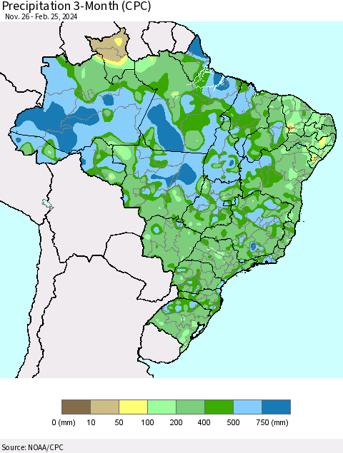 Brazil Precipitation 3-Month (CPC) Thematic Map For 11/26/2023 - 2/25/2024