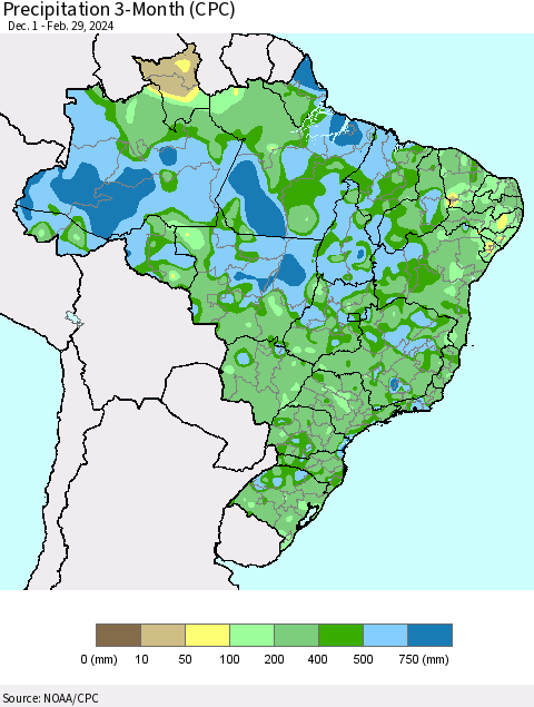 Brazil Precipitation 3-Month (CPC) Thematic Map For 12/1/2023 - 2/29/2024