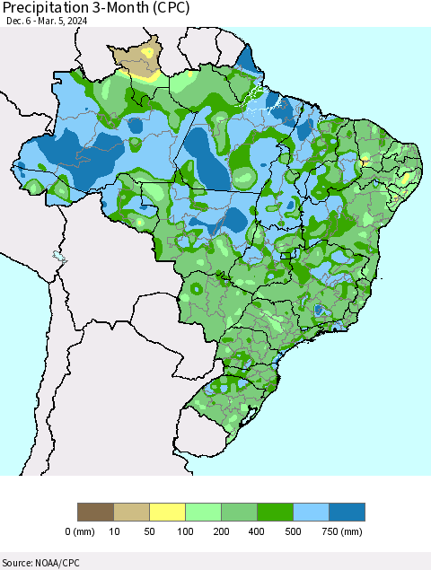 Brazil Precipitation 3-Month (CPC) Thematic Map For 12/6/2023 - 3/5/2024
