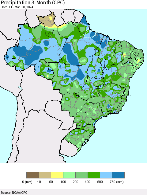 Brazil Precipitation 3-Month (CPC) Thematic Map For 12/11/2023 - 3/10/2024