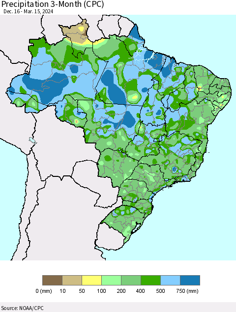 Brazil Precipitation 3-Month (CPC) Thematic Map For 12/16/2023 - 3/15/2024