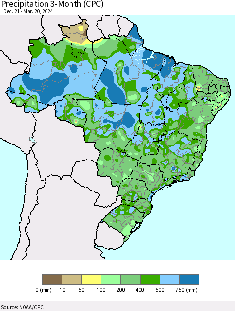 Brazil Precipitation 3-Month (CPC) Thematic Map For 12/21/2023 - 3/20/2024