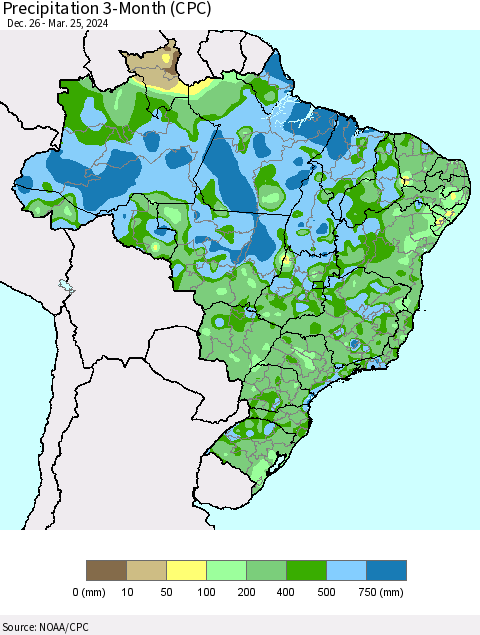 Brazil Precipitation 3-Month (CPC) Thematic Map For 12/26/2023 - 3/25/2024