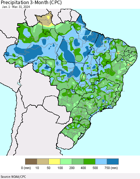 Brazil Precipitation 3-Month (CPC) Thematic Map For 1/1/2024 - 3/31/2024