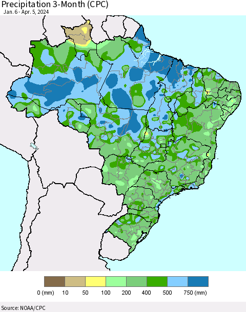 Brazil Precipitation 3-Month (CPC) Thematic Map For 1/6/2024 - 4/5/2024