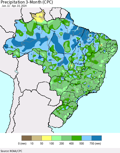 Brazil Precipitation 3-Month (CPC) Thematic Map For 1/11/2024 - 4/10/2024