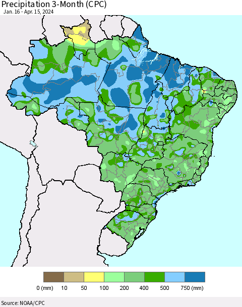 Brazil Precipitation 3-Month (CPC) Thematic Map For 1/16/2024 - 4/15/2024