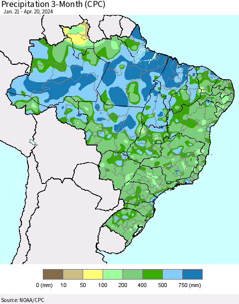 Brazil Precipitation 3-Month (CPC) Thematic Map For 1/21/2024 - 4/20/2024