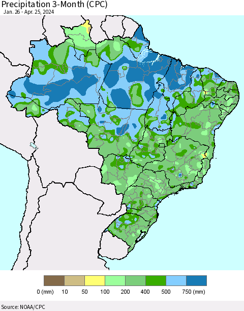 Brazil Precipitation 3-Month (CPC) Thematic Map For 1/26/2024 - 4/25/2024