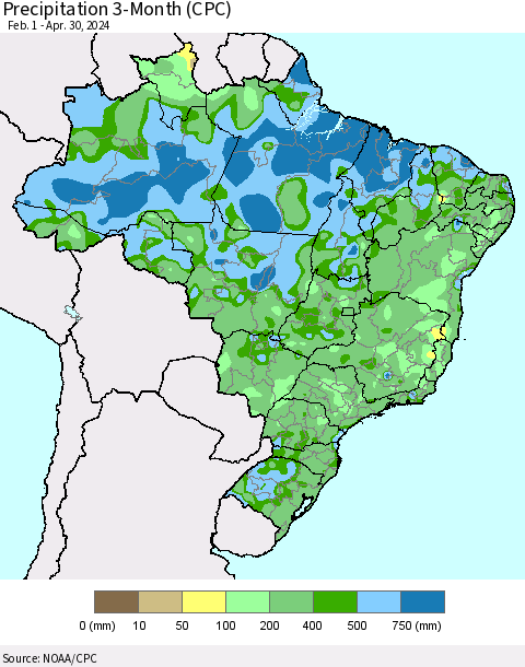 Brazil Precipitation 3-Month (CPC) Thematic Map For 2/1/2024 - 4/30/2024