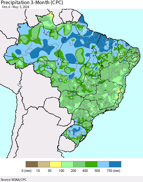 Brazil Precipitation 3-Month (CPC) Thematic Map For 2/6/2024 - 5/5/2024