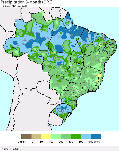 Brazil Precipitation 3-Month (CPC) Thematic Map For 2/11/2024 - 5/10/2024