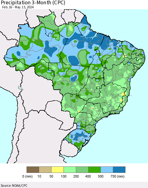 Brazil Precipitation 3-Month (CPC) Thematic Map For 2/16/2024 - 5/15/2024