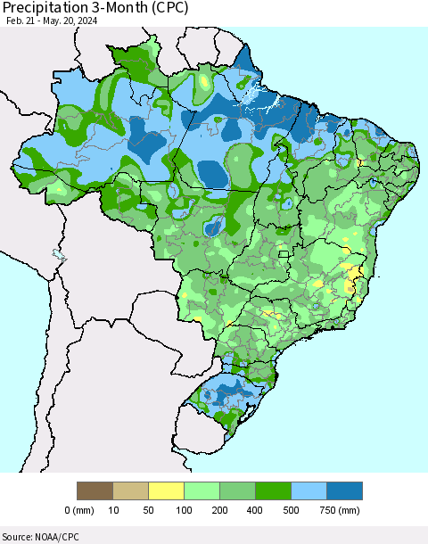 Brazil Precipitation 3-Month (CPC) Thematic Map For 2/21/2024 - 5/20/2024