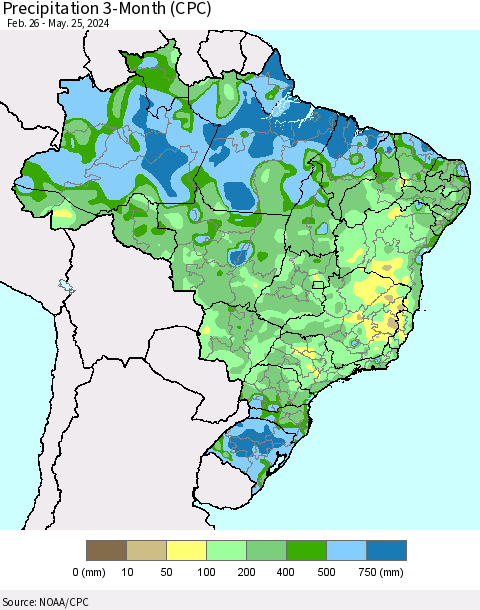 Brazil Precipitation 3-Month (CPC) Thematic Map For 2/26/2024 - 5/25/2024