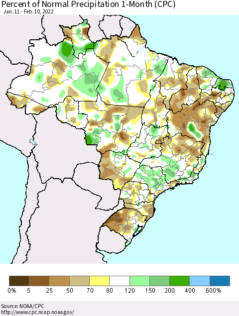 Brazil Percent of Normal Precipitation 1-Month (CPC) Thematic Map For 1/11/2022 - 2/10/2022