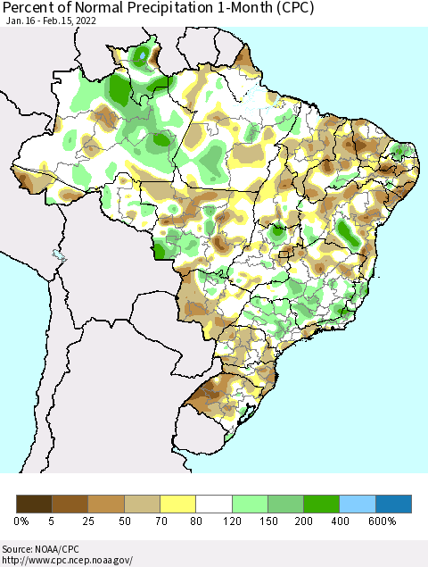 Brazil Percent of Normal Precipitation 1-Month (CPC) Thematic Map For 1/16/2022 - 2/15/2022
