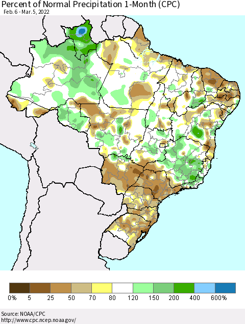 Brazil Percent of Normal Precipitation 1-Month (CPC) Thematic Map For 2/6/2022 - 3/5/2022