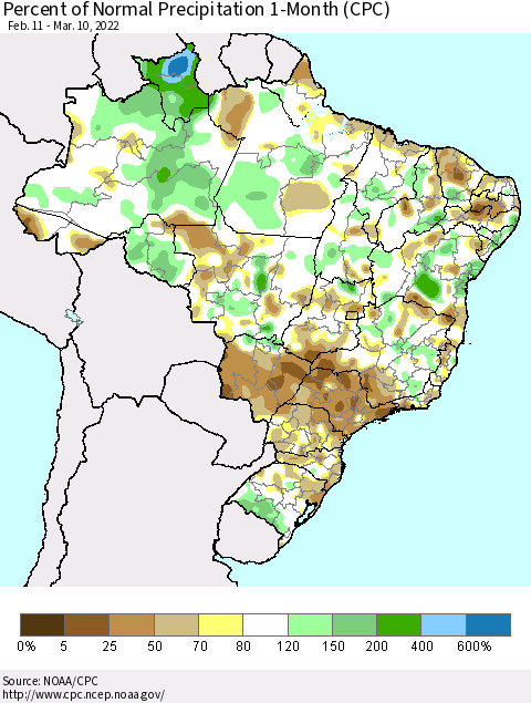 Brazil Percent of Normal Precipitation 1-Month (CPC) Thematic Map For 2/11/2022 - 3/10/2022
