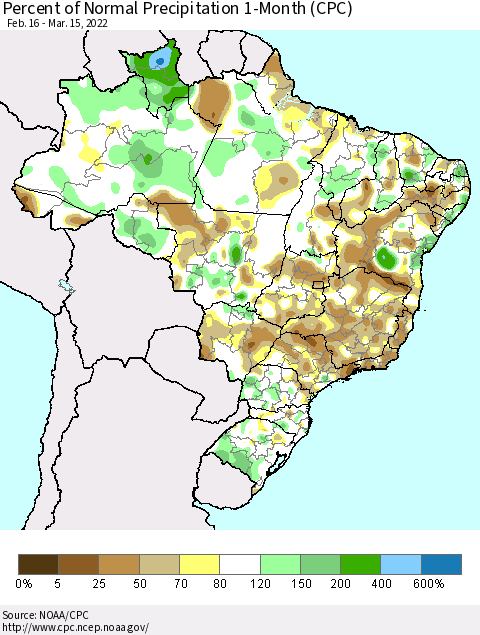 Brazil Percent of Normal Precipitation 1-Month (CPC) Thematic Map For 2/16/2022 - 3/15/2022