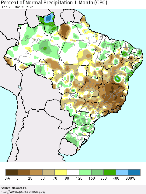 Brazil Percent of Normal Precipitation 1-Month (CPC) Thematic Map For 2/21/2022 - 3/20/2022
