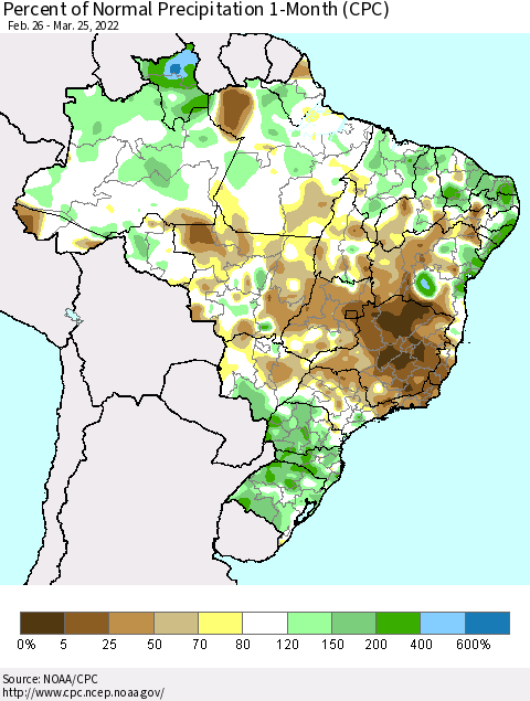 Brazil Percent of Normal Precipitation 1-Month (CPC) Thematic Map For 2/26/2022 - 3/25/2022
