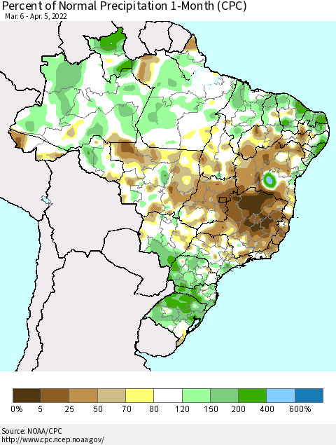 Brazil Percent of Normal Precipitation 1-Month (CPC) Thematic Map For 3/6/2022 - 4/5/2022