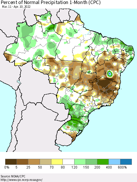 Brazil Percent of Normal Precipitation 1-Month (CPC) Thematic Map For 3/11/2022 - 4/10/2022