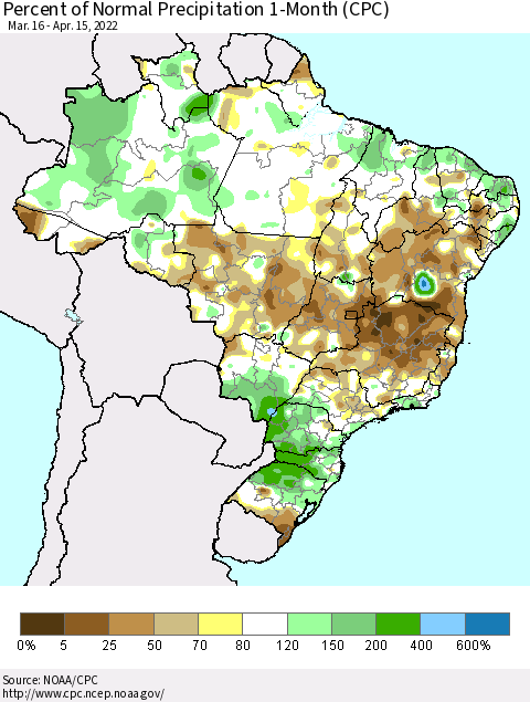 Brazil Percent of Normal Precipitation 1-Month (CPC) Thematic Map For 3/16/2022 - 4/15/2022