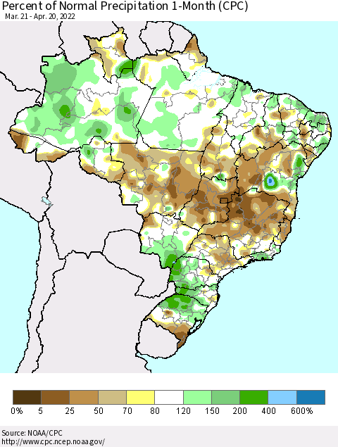 Brazil Percent of Normal Precipitation 1-Month (CPC) Thematic Map For 3/21/2022 - 4/20/2022