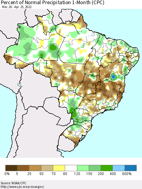 Brazil Percent of Normal Precipitation 1-Month (CPC) Thematic Map For 3/26/2022 - 4/25/2022