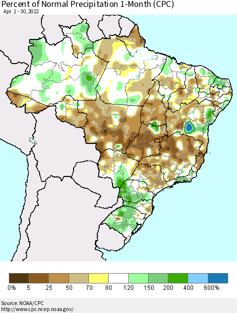 Brazil Percent of Normal Precipitation 1-Month (CPC) Thematic Map For 4/1/2022 - 4/30/2022
