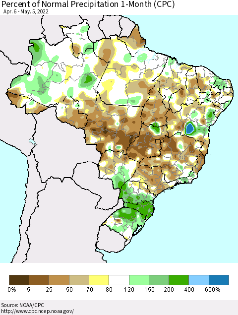 Brazil Percent of Normal Precipitation 1-Month (CPC) Thematic Map For 4/6/2022 - 5/5/2022