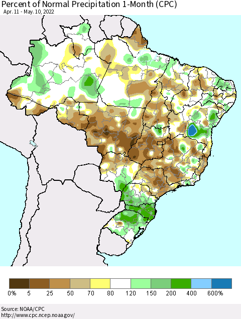 Brazil Percent of Normal Precipitation 1-Month (CPC) Thematic Map For 4/11/2022 - 5/10/2022