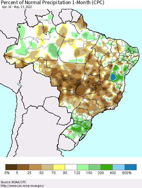 Brazil Percent of Normal Precipitation 1-Month (CPC) Thematic Map For 4/16/2022 - 5/15/2022