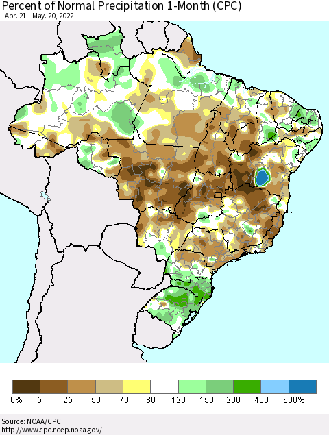 Brazil Percent of Normal Precipitation 1-Month (CPC) Thematic Map For 4/21/2022 - 5/20/2022