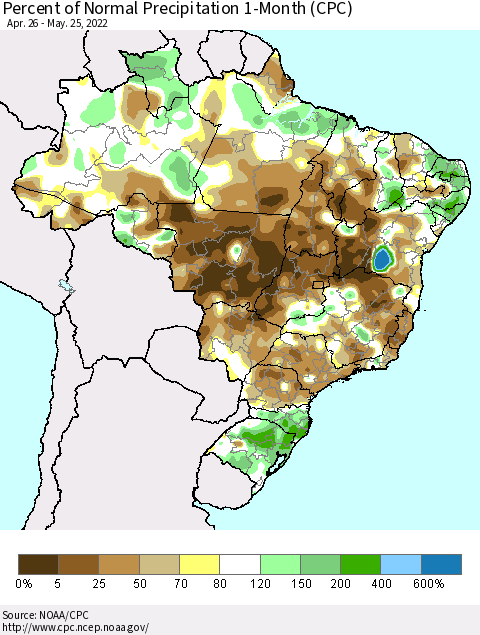 Brazil Percent of Normal Precipitation 1-Month (CPC) Thematic Map For 4/26/2022 - 5/25/2022