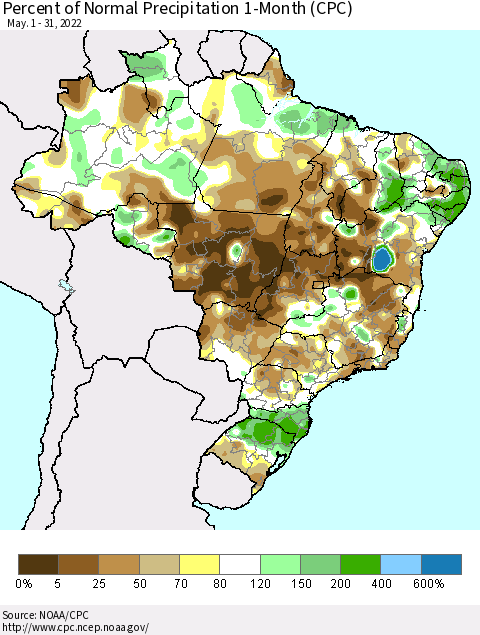 Brazil Percent of Normal Precipitation 1-Month (CPC) Thematic Map For 5/1/2022 - 5/31/2022