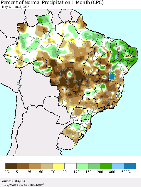 Brazil Percent of Normal Precipitation 1-Month (CPC) Thematic Map For 5/6/2022 - 6/5/2022