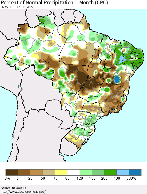 Brazil Percent of Normal Precipitation 1-Month (CPC) Thematic Map For 5/11/2022 - 6/10/2022