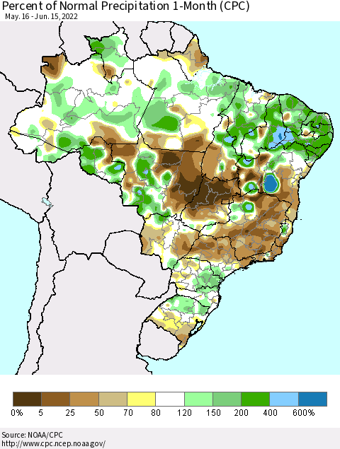 Brazil Percent of Normal Precipitation 1-Month (CPC) Thematic Map For 5/16/2022 - 6/15/2022