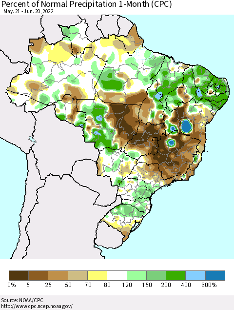 Brazil Percent of Normal Precipitation 1-Month (CPC) Thematic Map For 5/21/2022 - 6/20/2022