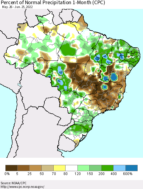 Brazil Percent of Normal Precipitation 1-Month (CPC) Thematic Map For 5/26/2022 - 6/25/2022