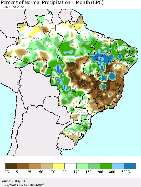 Brazil Percent of Normal Precipitation 1-Month (CPC) Thematic Map For 6/1/2022 - 6/30/2022