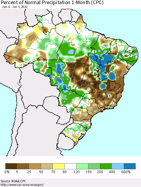 Brazil Percent of Normal Precipitation 1-Month (CPC) Thematic Map For 6/6/2022 - 7/5/2022
