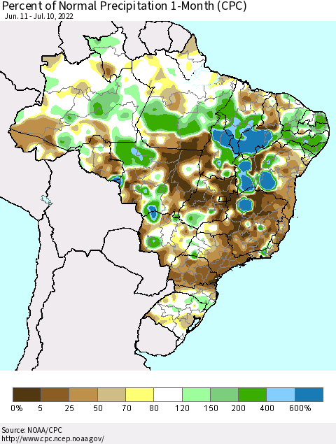 Brazil Percent of Normal Precipitation 1-Month (CPC) Thematic Map For 6/11/2022 - 7/10/2022