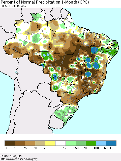 Brazil Percent of Normal Precipitation 1-Month (CPC) Thematic Map For 6/16/2022 - 7/15/2022