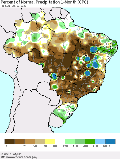 Brazil Percent of Normal Precipitation 1-Month (CPC) Thematic Map For 6/21/2022 - 7/20/2022